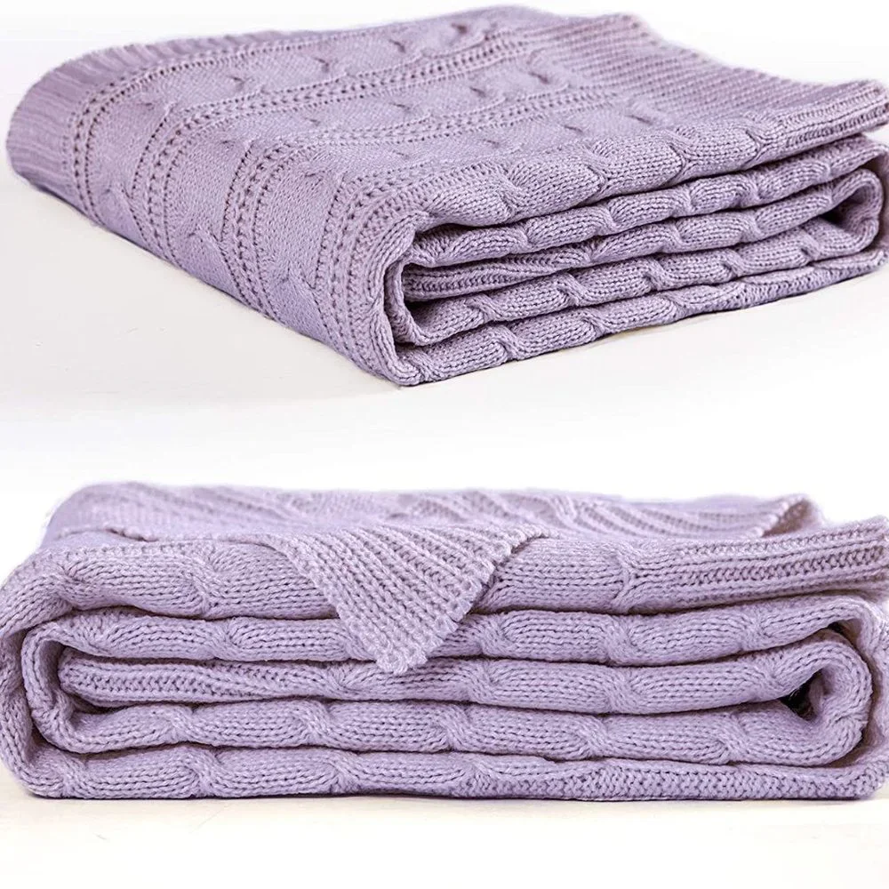 LIlac Purple Cozy Knit Cable Knit Weave Pattern Decorative Bed Accent Blanket - Picture 5 of 9